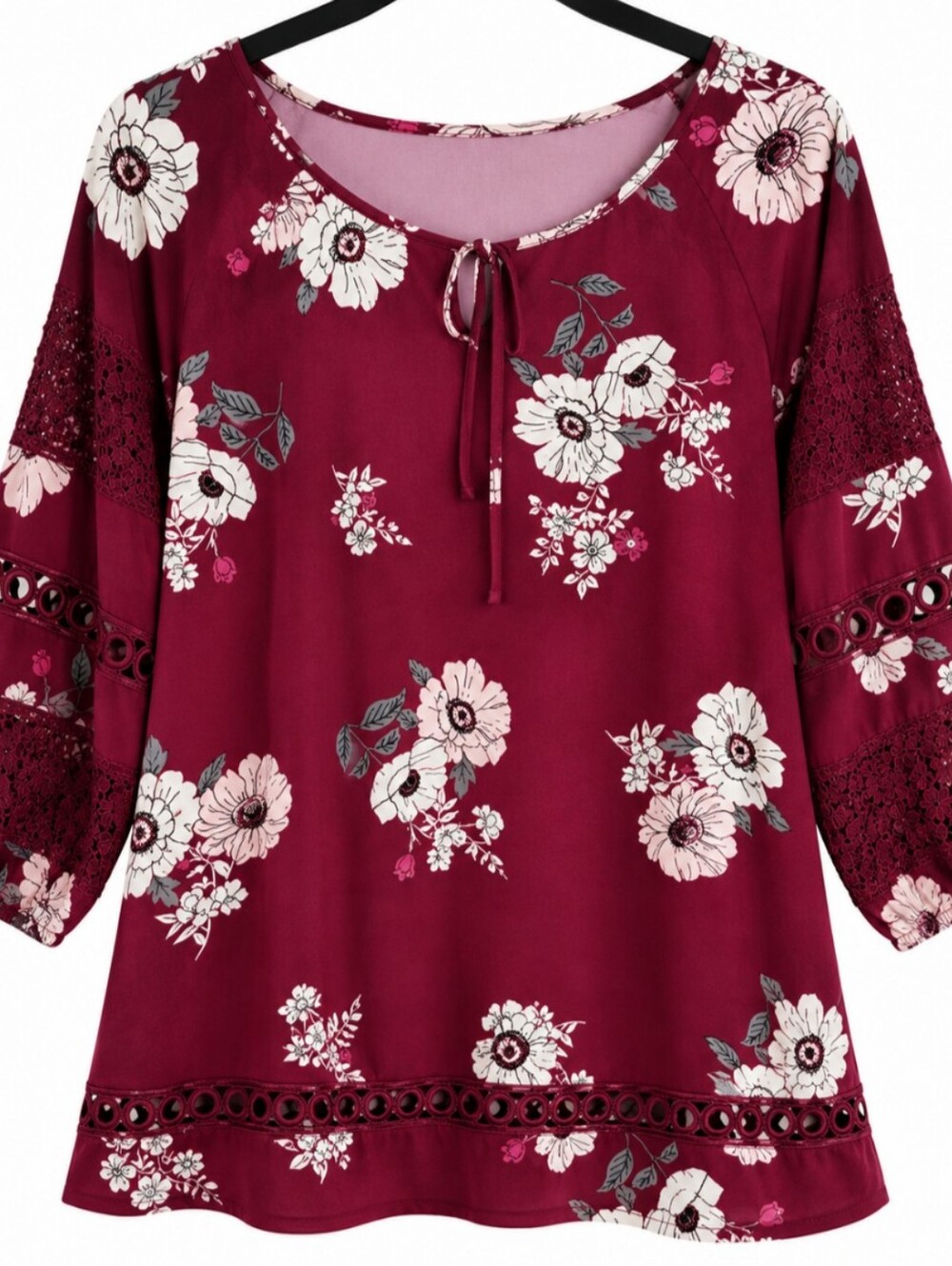 Burgundy Floral Lace Tunic Blouse Women’s L XL Boho 3/4 Sleeve